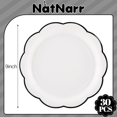 Image of 30 Pcs Black and White Paper Plates 9 Inch Halloween Plates Disposable