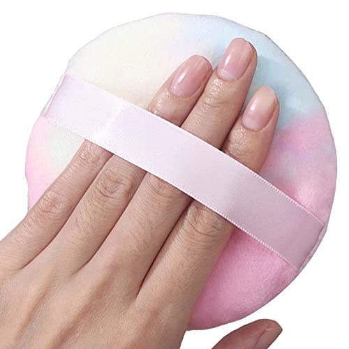 Ymrott 4.13 Inch Large Loose Powder Puffs Reusable Round Ultra Soft Velour Fluffy Body Powder Puff With Ribbon Band Handle Makeup Tool 3 Pcs, Colorful #TOP1