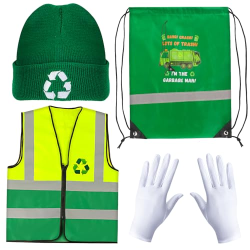 Kyson 4 Pcs Kids Garbage Man Costume Kit Trash Man Costume Set Waste Management Recycle Dress Up for Halloween Career Day (Green)