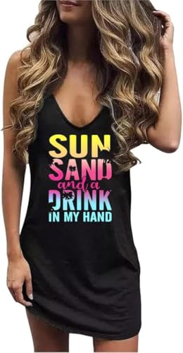Image of Live Simple Coconut Tree Sleeveless Dress Sunshine Sand Beach Women's Summer Casual V Neck Mini Dress