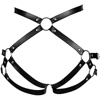 BANSSGOTH Mujeres PU cuero liguero cinturón pierna jaula arnés cintura alta cuerpo ahuecado más tamaño Punk Harajuku Halloween Rave Wear (Negro)