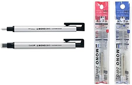 Tombow Mono Zero Eraser Holder Set Includes Round Tip Eraser Holder,Sqaure Tip Eraser Holder & Round Refill & Sqaure Refill (1 refill has 2 erasers.Total 4 erasers) [Choose Color] (Silver)