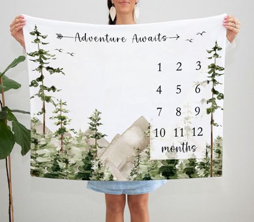 Image of Yuzioey Adventure Awaits Baby Milestone Blanket with Birth Stat Sign, Mountain Baby Growth Chart Monthly Blanket, Watch Me Grow Adventure Nursery for New Moms Shower(50 inchx40 inch)