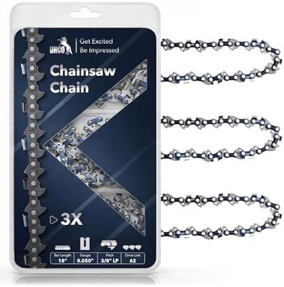 UNCO- Chainsaw Chain, 18 Inch, 3 Pack, 3/8" LP Pitch, .050" Gauge, 62 Drive Links, 18 Inch Chainsaw Chain, Fits Poulan, Kobalt,Ego, Greenworks, Homelite Craftsman,and More-S62