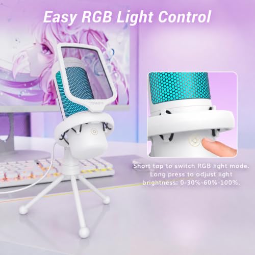 Image of TONOR Gaming Microphone, RGB PC Microphone, Cardioid Condenser USB Mic with Adjustable Light Modes & Brightness, Quick Mute, Gain Control, for LiveStreaming, Recording, PS4 /5, Mac, TC310 White | Desktop Stand Set, Quick Mute, Volume Control, for Twitch Streaming, Discord Chatting, 200 cm /78'' Cable, White, TC310