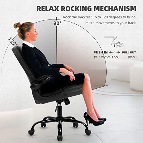 Seatzone Executive Office Chair Black Leather Computer Desk Chair With Flip Armrest Desk Chairs With Wheels Swivel Chair Adjustable Backward Tilt Office Chairs #TOP2