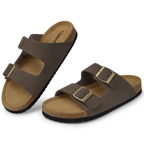 Image of TEMOFON Women's Cork Footbed Sandals: Genuine Leather Comfortable Arch Support Flat - Slip-On Summer Slide Sandals with Adjustable Buckle Brownness Size 7.5