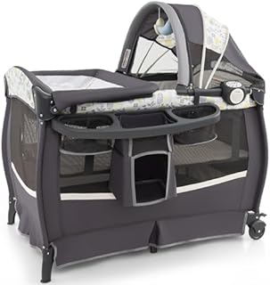 Maxmass 4 in 1 Baby Travel Cot, Infant Bedside Sleeper with Changing Table, Mattress, Music Box, Adjustable Canopy, Storage Rack & Carry Bag, Foldable Bassinet for Newborn Toddlers (Dark Gray+Leafage)