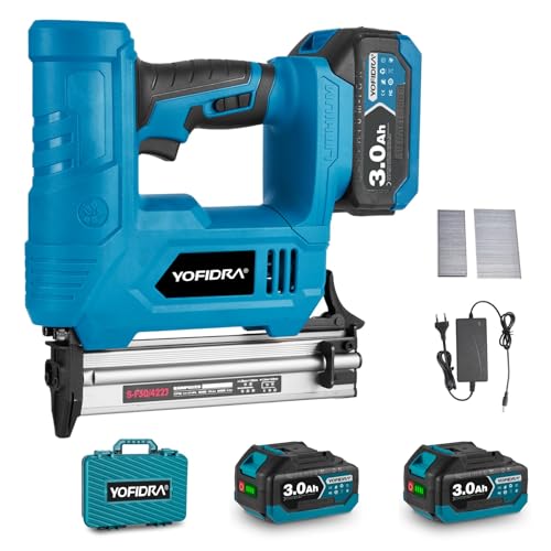 Yofidra Accu-nietmachine nagelpistool met 2 x 3,0 Ah accu's, 2-in-1 elektrische nietmachine met 50 spijkers en 50 klemmen, accunagelmachine voor doe-het-zelf, houtbewerking en decoratieprojecten
