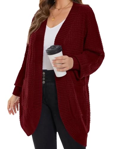 Image of MONNURO Womens Plus Size Open Front Cardigan Waffle Knit Long Sleeve Sweaters Tops Fall Coat Outerwear with Pockets