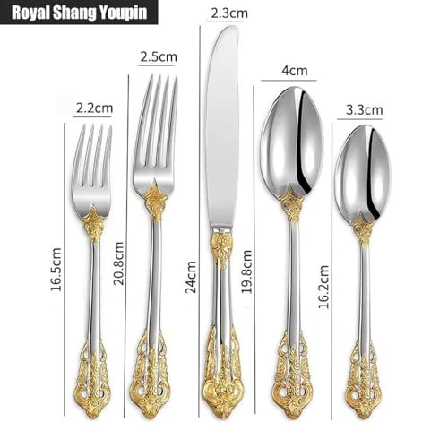 Vintage Embossed Gold Flower Kitchen Stainless Steel Silverware Tableware Flatware Cutlery Set Steak Knife Fork Spoon Teaspoon Dessert Fork (Gold Silver,20 pieces)