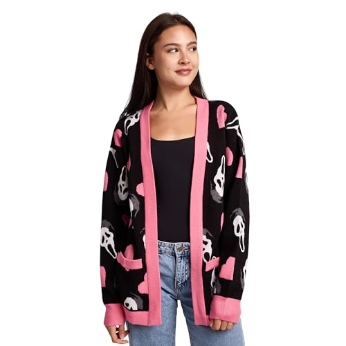Ghostface Hearts All-Over Print Womens Black Long Sleeve Cardigan -Medium