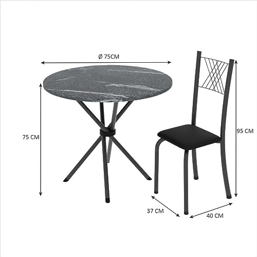 Conjunto de Jantar Mesa Tampo Redondo de Granito Topázio com 4 Cadeiras Sara Preto Liso/Mart Prata