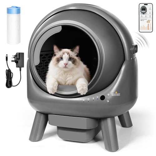 Thihome Self Cleaning Cat Litter Tray with APP Control, Anti-Pinch Automatic Cat Litter Box with Safety Protection, Scoop Free Smart Robot Litter Tray for Multiple Cats Households, Includes Waste Bags
