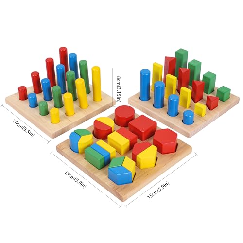 TOWO Wooden Geometric Shapes Stacking Rings and Fractions Boards 8 in 1 Set Puzzles- Shape Sorter Sorting Toy Stacking Game – Montessori Materials Educational Learning Toys for 3 4 5 6 Years