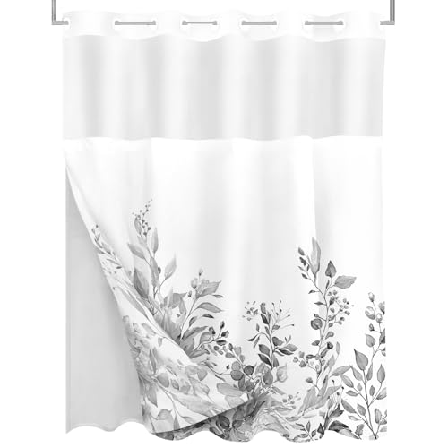 Tititex No Hooks Snap in Liner Grey Eucalyptus Leaves Shower Curtain Sets, Hotel Luxury Double Layers Waterproof Fabric & See-Through Top Window Bathroom Decorative 72x72 Inch - Thumbnail 6