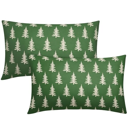 Green Christmas Lumbar Pillow Covers 12x20 Set of 2 Xmas Tree Rustic Style Winter Decorative Outdoor Pillowcases Farmhouse Vintage Holiday Decorations Throw Cushion Case Decor for Couch Sofa Bed
