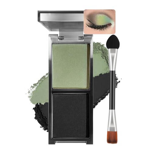 Image of Dual-Tone Eyeshadow Palette with Long-Lasting Matte & Shimmer Formula - 2-Colour Compact Design for Everyday & Party Makeup in Mint Green and Black Shades, Featuring a Dual-Ended Applicator Brush