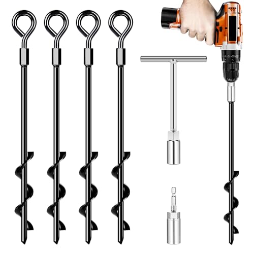 Ground Anchors Screw in, Heavy Duty Ground Anchors Trampoline Anchors 4Pack, Tent Stakes for Camping Tent, Canopies, Carports, Sheds, Swing Sets,14in Ground Anchors for High Winds