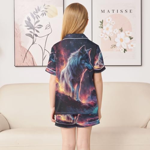 ALAZA Funny Galaxy Nebula Sky Wolf Satin Pajamas Set Short Sleeve Button Down Sleepwear Summer Pjs 2 Piece4