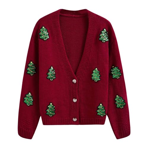 CHICWISH Women Knit Cardigan Sequin Christmas Tree V-Neck Christmas Cardigan Cute Xmas Holiday Sweaters Cardigan
