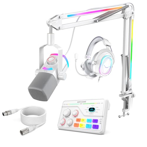 FIFINE All-in-one Audio Streaming Set, XLR/USB Microphone with RGB Boom Arm Stand & Male to Female XLR Cable,Audio Mixer with TV Compatible, and 7.1 Surround Sound Headset-AM8PROTW+SC8W+H13WP+L9W