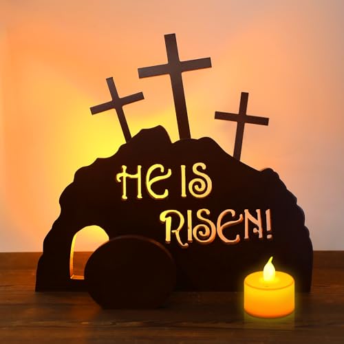 GlikCeil 5 Pcs Easter Resurrection Scene Decoration with 2 LED Flameless Candle Wood Religious Jesus Nativity He is Risen Scene Empty Tomb Tabletop Ornaments Home Christian Easter Figurine for Office