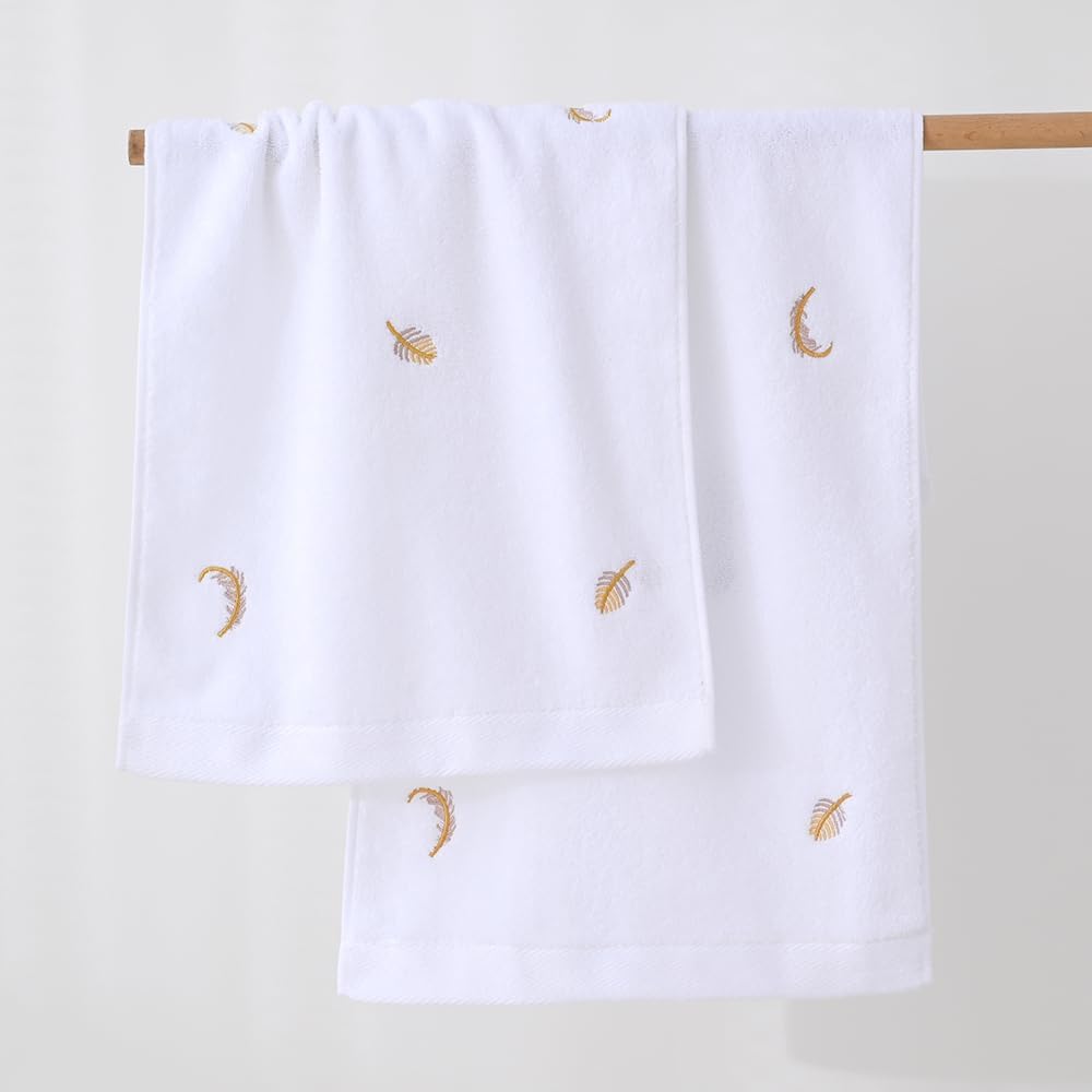 YiLUOMO Gold Feathers Embroidered Elegant White Hand Towels Super Soft 100% Cotton Highly Absorbent Decorative Hand Towel Set for Bathroom Hotel & Spa(13 x 29 Inch, 2 Pack) - Image 3