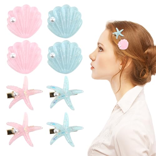 8 PCS Pinzas para el Pelo Estrella de Mar Niñas, Pinzas Pelo Concha Mujeres, Azul, Rosa, Pasadores de Princesa, con Purpurina, Lentejuelas, Accesorios de Playa con Purpurina y Lentejuelas