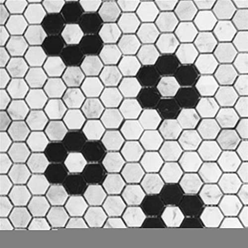 Stone Center Online Carrara White Marble 1 Inch Hexagon Rosette Mosaic Tile W/Nero Marquina Black Honed Kitchen Bath Wall Floor Backsplash Shower (1 Sheet) #TOP4