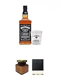  Jack Daniels Black Label No. 7-1,0 Liter + Jack Daniels Glas + Kentucky Bourbon Himbeer-Marmelade 150 Gramm Glas + Schiefer Glasuntersetzer eckig ca. 9,5 cm Durchmesser