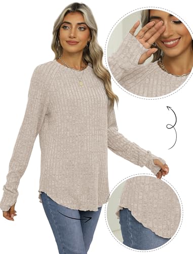 Image of Saloogoe Women's Long Sleeve Top Crewneck Basic Lightweight Fall Shirt with Thumb Hole