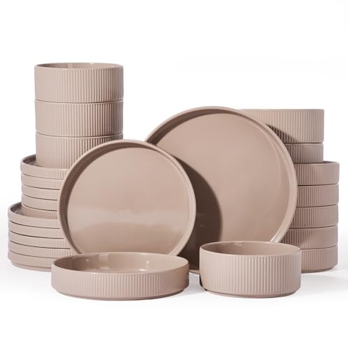 Image of Famiware Stoneware Dinnerware Set with Pasta Bowls, 24pc Brown Dishes for 6 | Ceramic Double Bowls & Flat Plates, Chip & Scratch Resistant, Microwave & Dishwasher Safe, Everyday Dining, Rustic Modern