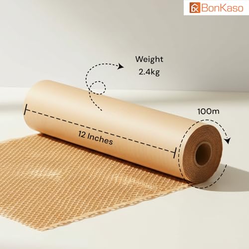 Image of BonKaso Honeycomb Paper Wrap Roll 100M x 12 Inch | 80 GSM Eco-Friendly Brown Packaging Roll | Cushioning & Shockproof Wrap for Fragile Items | Sustainable Packing Material for Shipping