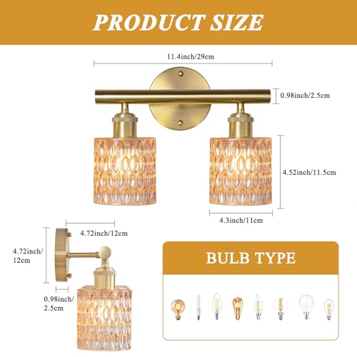 Image of Bathroom Vanity Light, Gold Wall Fixture Over Mirror, Amber Glass Shade Lighting with Bulbs Included for Bedroom & Living Room, 2-Lights