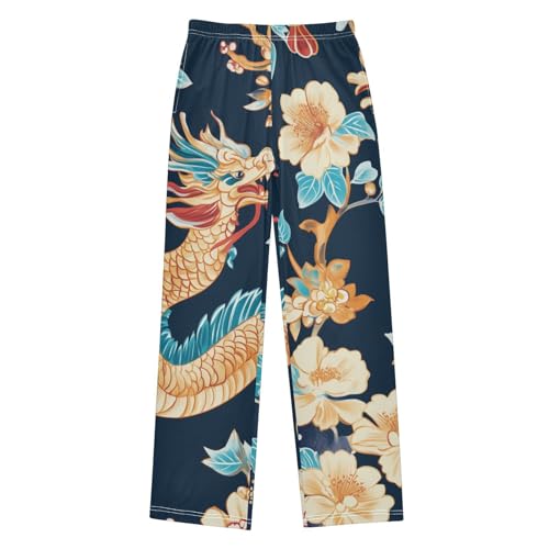 Dragon and Flowers Boys Long Pants Soft Trousers Elastic Waist Kids Lounge Bottoms with Pockets S-XL