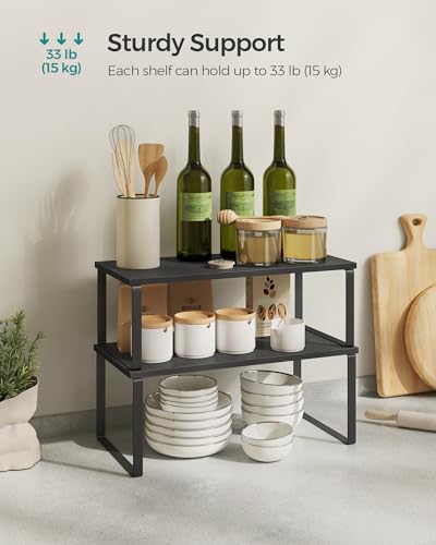 SONGMICS Cabinet Organizer Shelf, Set of 4 Kitchen Counter Shelves, Kitchen Storage, Spice Rack, Stackable, Expandable, Metal and Engineered Wood, Ink Black and Ebony Black UKCS028B01 - Image 6