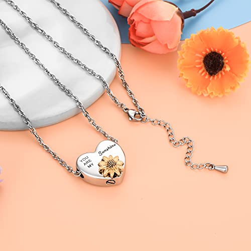 XIUDA Heart Ashes Necklace Urn Necklace with Sunflower You Are My Sunshine Cremation Necklace for Ashes Cremation Jewelry for Human Ashe Memorial Necklace with Flower2