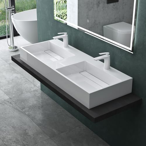 Mai & Mai Lavabo da Appoggio Rettangolare Design Moderno Lavandino bagno a 2 Vasche in Marmoresina, 120x48x13cm Finitura Bianco Colossum12-1200-2