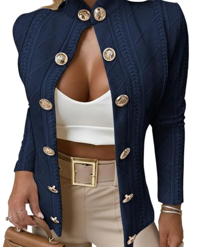 Image of CHICME Women's Argyle Cable Knit Cropped Jacket | Metal Button Front, Stand Collar Detail, Lightweight Cardigan Style, Long Sleeve Design, Fall Layering, Casual Office Wear