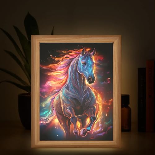 Light Up Painting, Fire Horse Wall Art Picture Light Colorful Horse Light Up Desktop Art Decor, 10 Brightness, USB Powered, 3 Lighting Modes, Anxiety Relief Gift for Bedroom Home - Without Frame