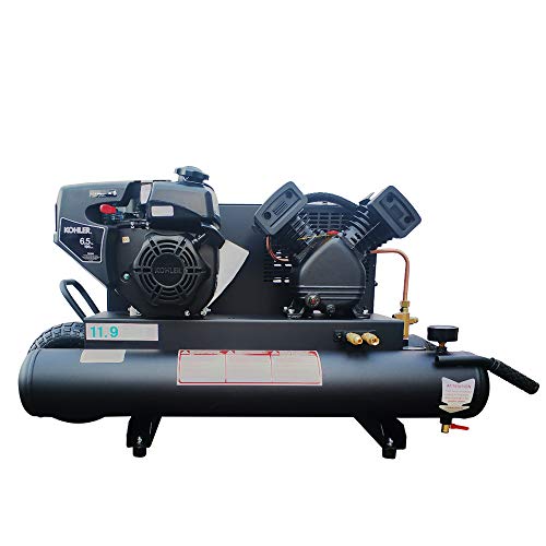 HPDAVV Gas Driven Piston Air Compressor 6.5HP - One Stage - 9.5Gal 2 Tank - 11.6cfm @ Max 125psi - fit for KOHLER Engine Handle & Wheel Protable Heavy duty Compressor