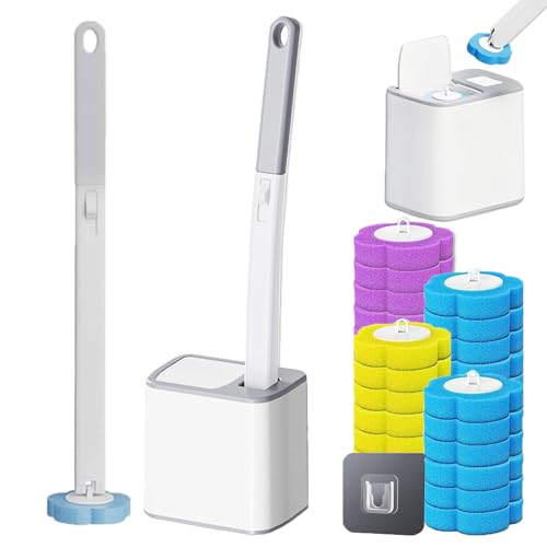 Spazzola per WC Monouso con 24 Testine Detergenti, Scopino/Spazzolino per Water con Supporto per Lavabo e Vasca da Bagno, Set Completo con Ricariche in Spugna per Pulizia Igienica (Grigio)