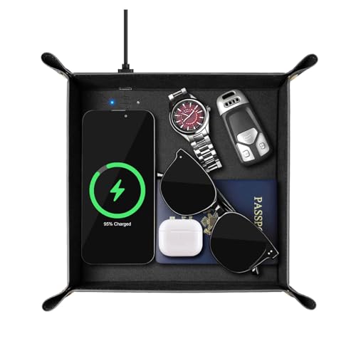 Wireless Charging Valet Tray, Hi-HONX Travel Essentials Organizer with 15W Fast Qi Charger for Passport, Phone, Keys, Wallet | Bedside Desk Valet Tray for Hotel, Home Entryway, Dresser