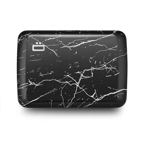 Image of OGON -DESIGNS- Aluminum card holder with metal lock, RFID protection against fraud and demagnetization, compact wallet, Smart Case OSLO model (Engraving Marble)