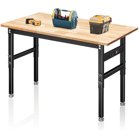 48" Adjustable Workbench for Garage, Heavy-Duty Bamboo Wood Top Work Bench with Power Outlets, Hardwood Work Table Workstation for Workshop, Office, Home Cover