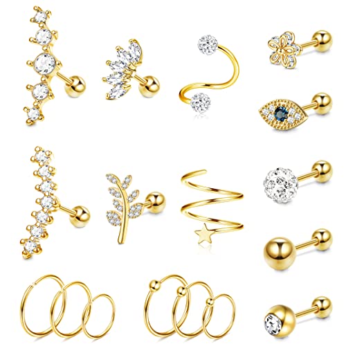 Morfetto 16G Helix Piercing Jewerly Acier Inoxydable Cartilage Hoop Boucles D'oreilles Cubique Zircone Feuille Boule Avant Cartilage Conque Tragus Helix Piercing Boucles D'oreilles Dorées Cover