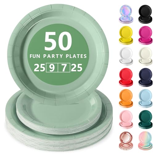 Nkaiso Assiette Jetable Anniversaire, 50 Pièces Vert Sauge Vaisselle en carton - 25 Assiettes...