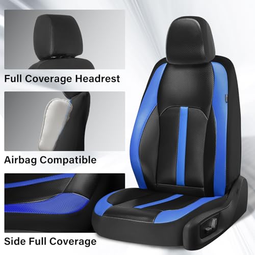 Image of Coverado Leather Car Seat Covers Full Set & Carbon Fiber, Waterproof and Durable All Weather Protector, Universal Fit for SUV, Pickup Truck, Sedan, Automotive Vehicle Interior, Black&Blue