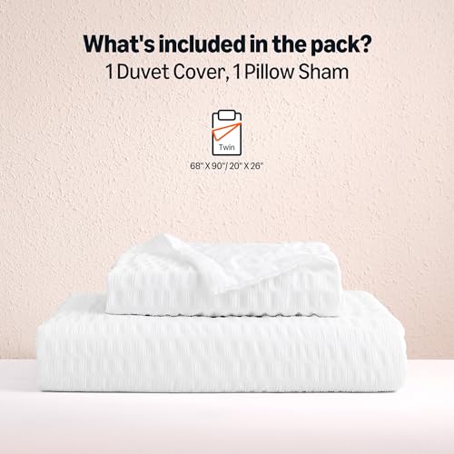 Image of Amazon Basics Duvet Cover Set with Jacquard Geometric Pattern, 2-Piece with 1 Duvet Cover and 1 Pillow Sham, Comforter Not Included, Twin, White